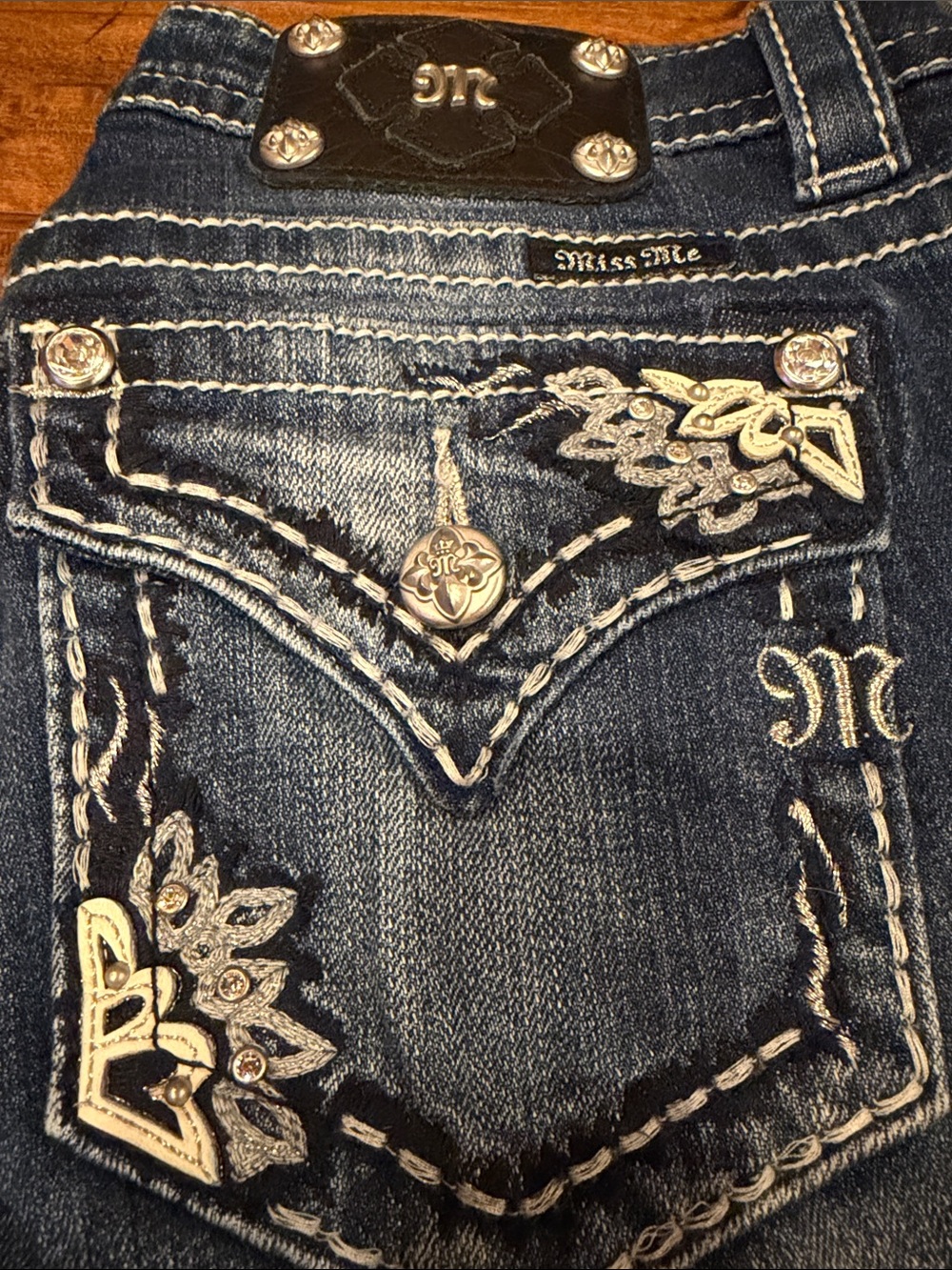 Miss Me Dark Blue Embroidered & Studded Boot Cut Jeans